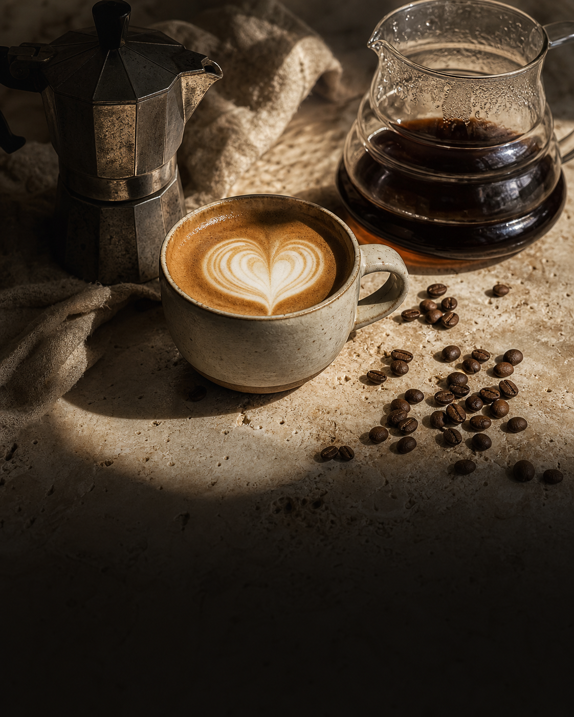 Millatte Homepage Concept 4 Latte art coffee with moka pot and roasted beans