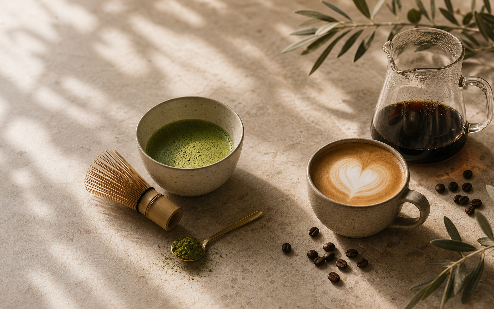 Millatte Homepage Concept 2 Matcha and coffee ritual with latte art, whisk and beans